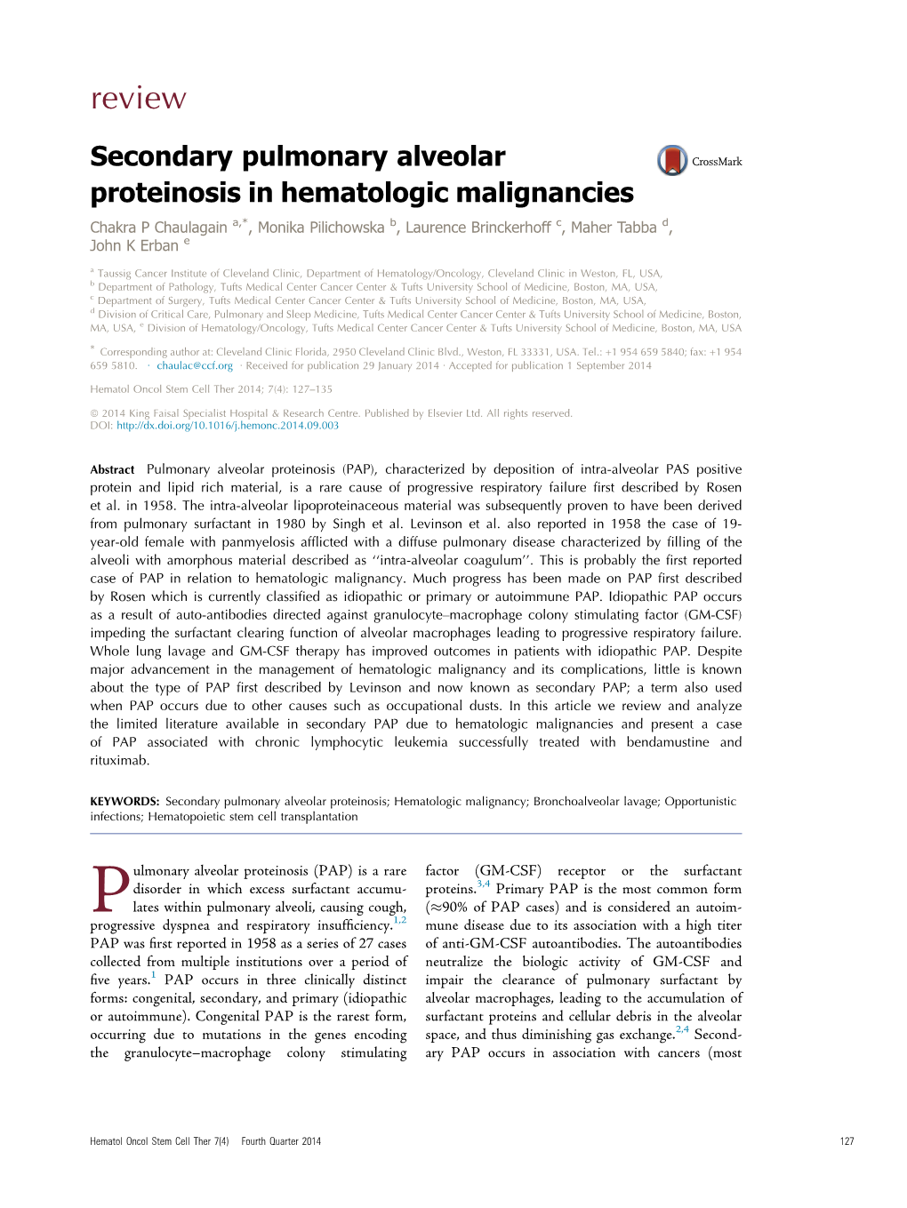 Secondary Pulmonary Alveolar Proteinosis in Hematologic