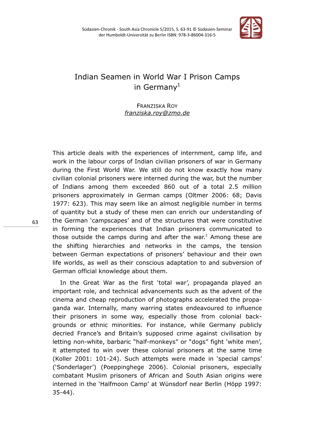 Indian Seamen in World War I Prison Camps in Germany1