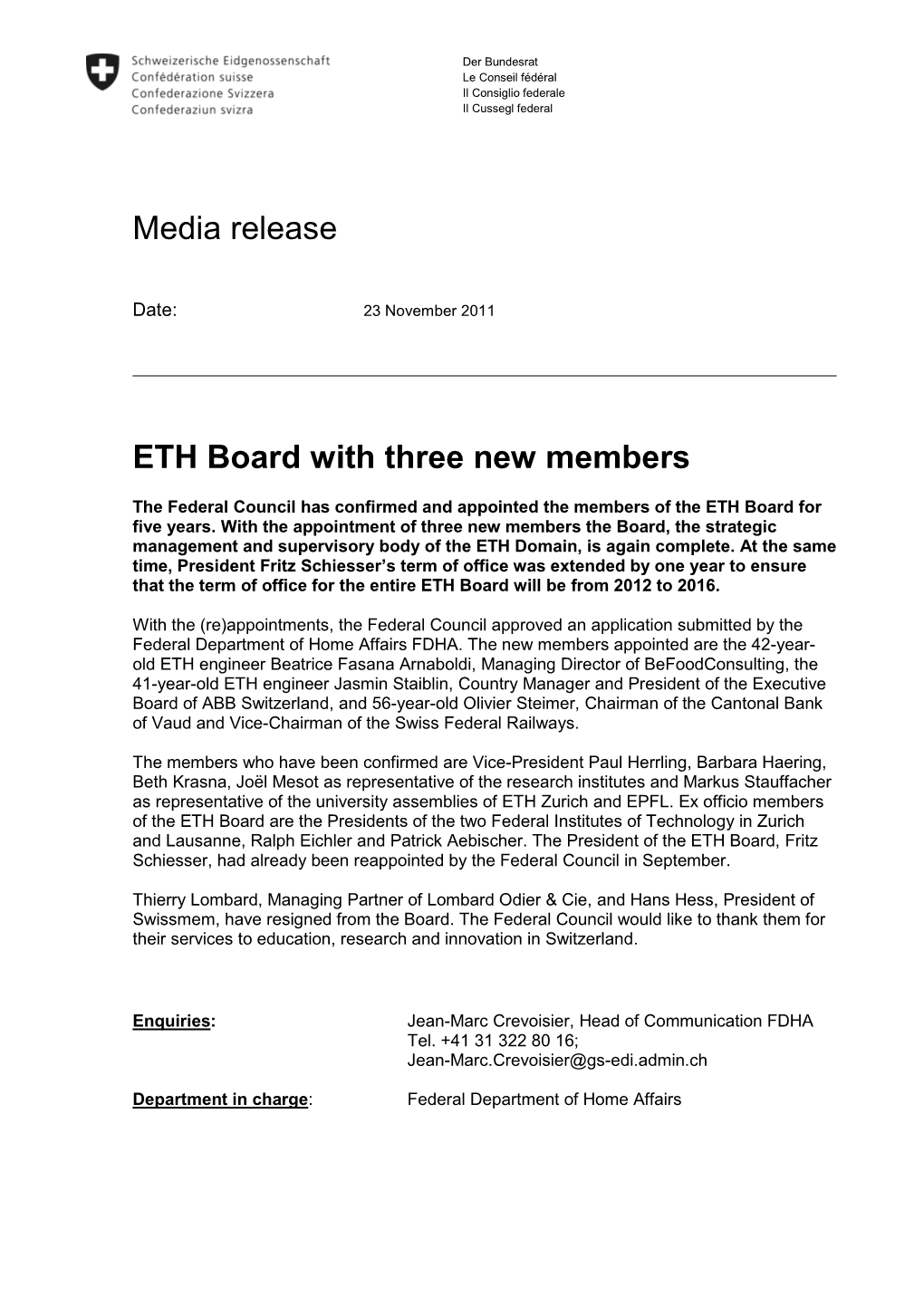 Media Release ETH Board with Three New Members