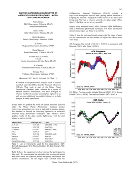 145 Minor Planet Bulletin 44 (2017) SIXTEEN ASTEROIDS LIGHTCURVES at ASTEROIDS OBSERVERS (OBAS)