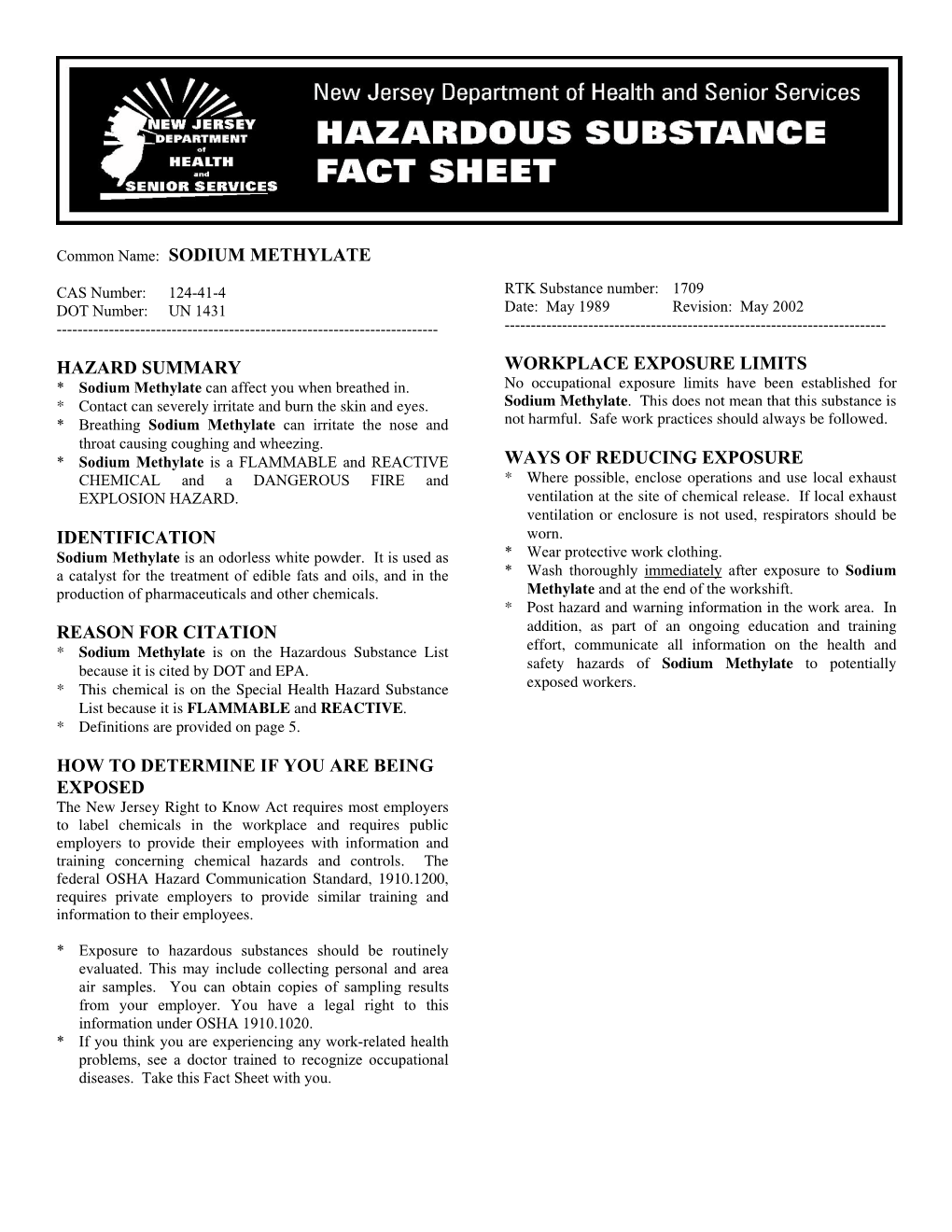 Sodium Methylate Hazard Summary Identification