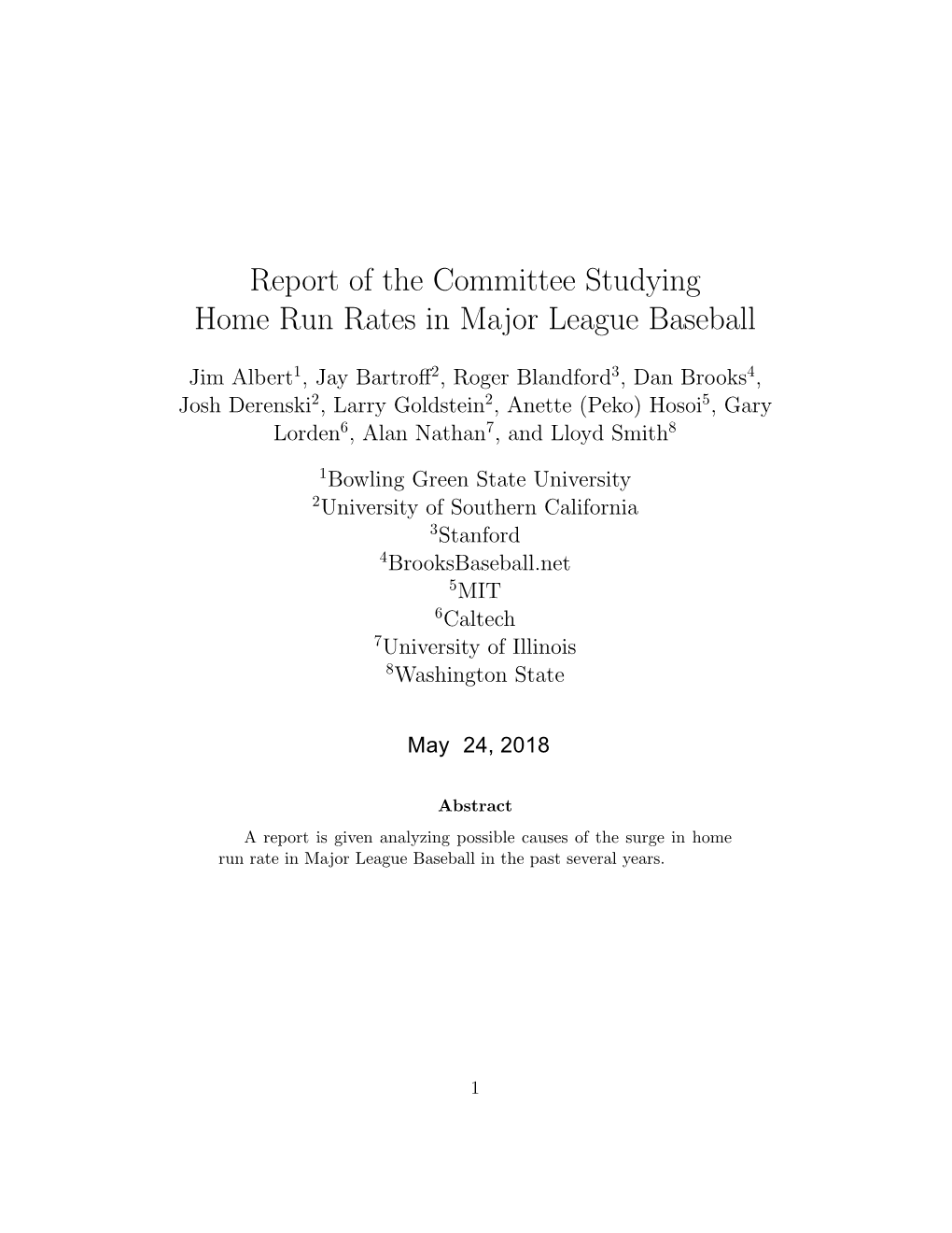 Report of the Committee Studying Home Run Rates in Major League Baseball