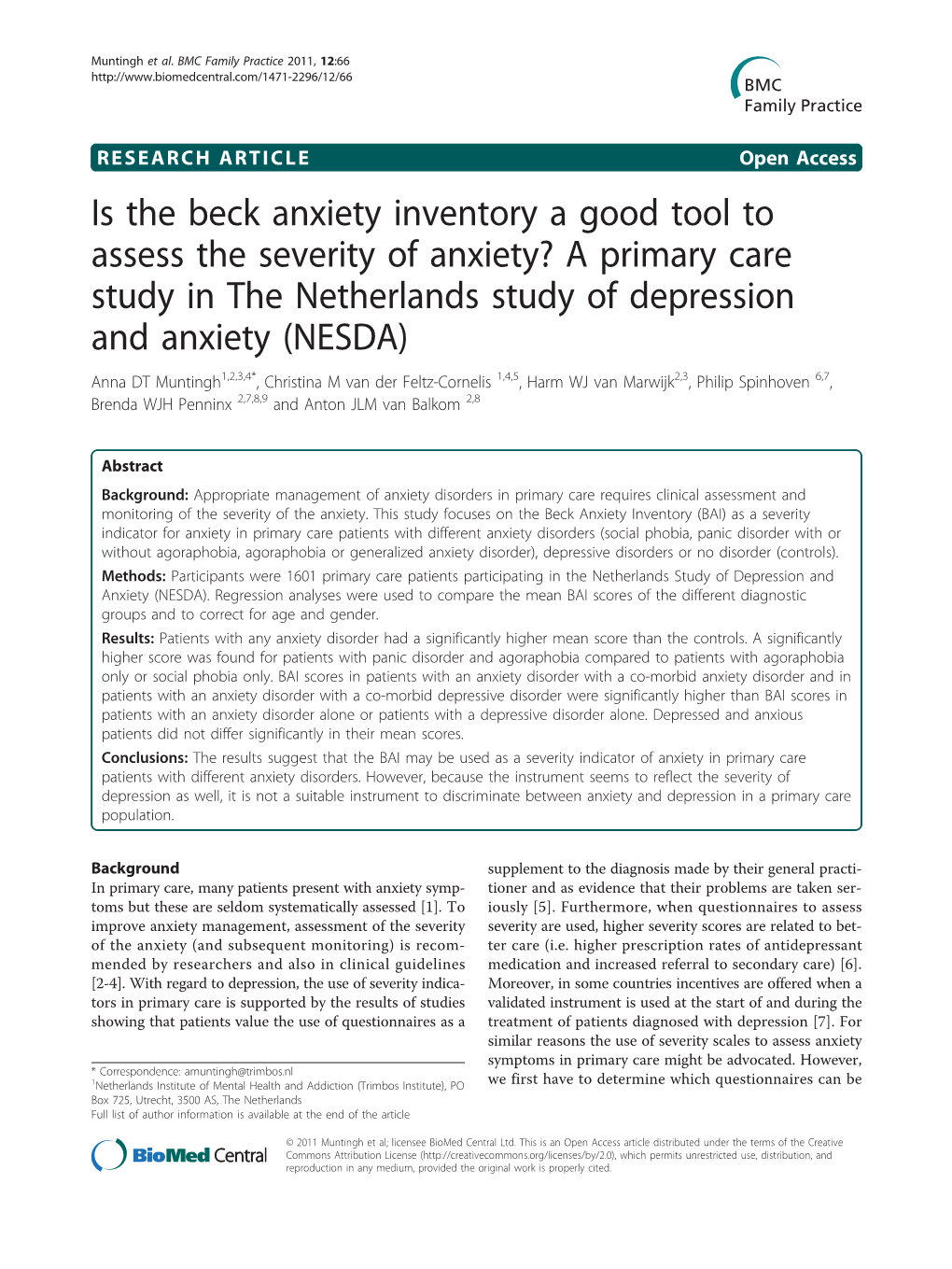 A Primary Care Study in the Netherlands Study of Depression and Anxiety
