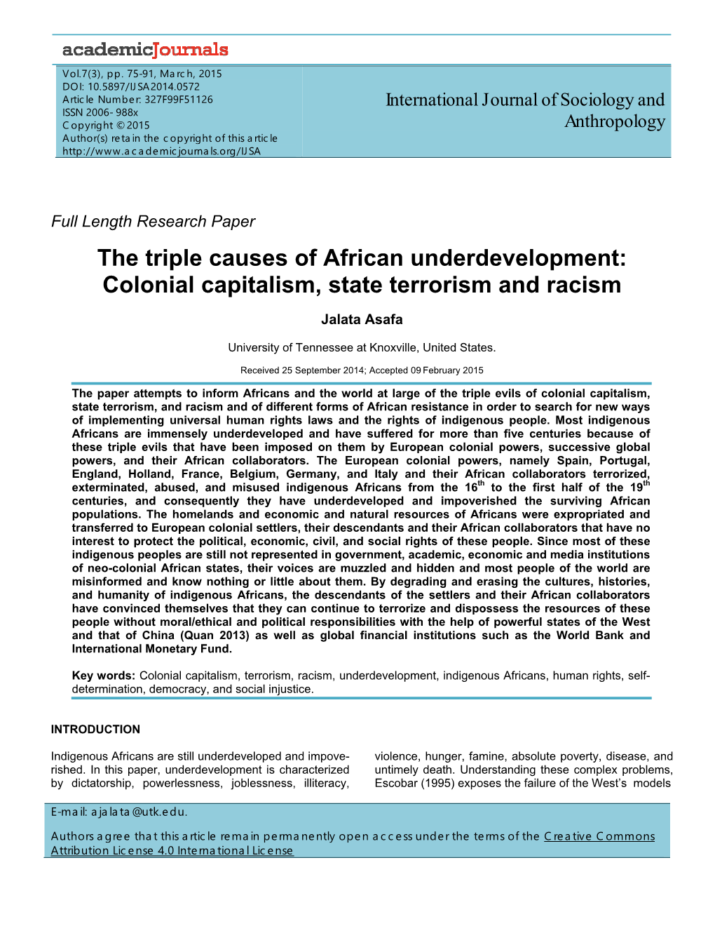 The Triple Causes of African Underdevelopment: Colonial Capitalism, State Terrorism and Racism