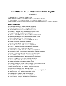 Candidates for the U.S. Presidential Scholars Program -- March 6, 2019