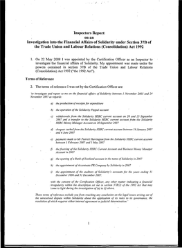 Inspectors Report on an Investigation Into the Financial Affairs of Solidarity Under Section 37B of the Trade Union and Labour Relations (Consolidation) Act 1992