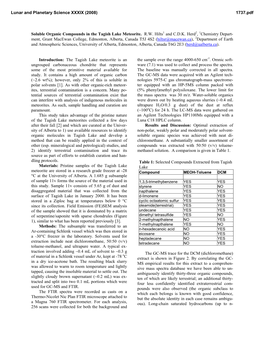 Soluble Organic Compounds in the Tagish Lake Meteorite. R.W. Hilts1 and C.D.K