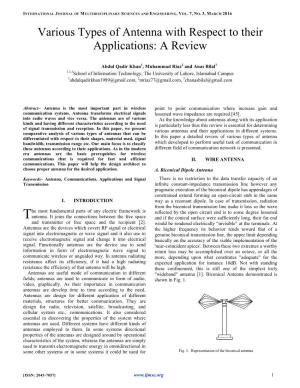 Various Types of Antenna with Respect to Their Applications: a Review