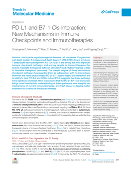 PD-L1 and B7-1 Cis-Interaction: New Mechanisms in Immune Checkpoints and Immunotherapies