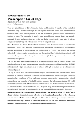 Prescription for Change Health Research in Italy Is in Desperate Need of a Fresh Start