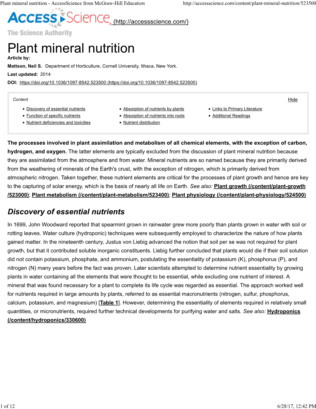 Plant Mineral Nutrition - Accessscience from Mcgraw-Hill Education