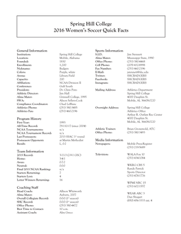 Spring Hill College 2016 Women's Soccer Quick Facts
