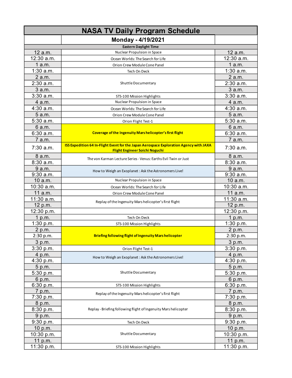 NASA TV Daily Program Schedule Monday - 4/19/2021 Eastern Daylight Time 12 A.M