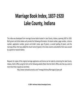 Marriage Book Index, 1837-1920 Lake County, Indiana