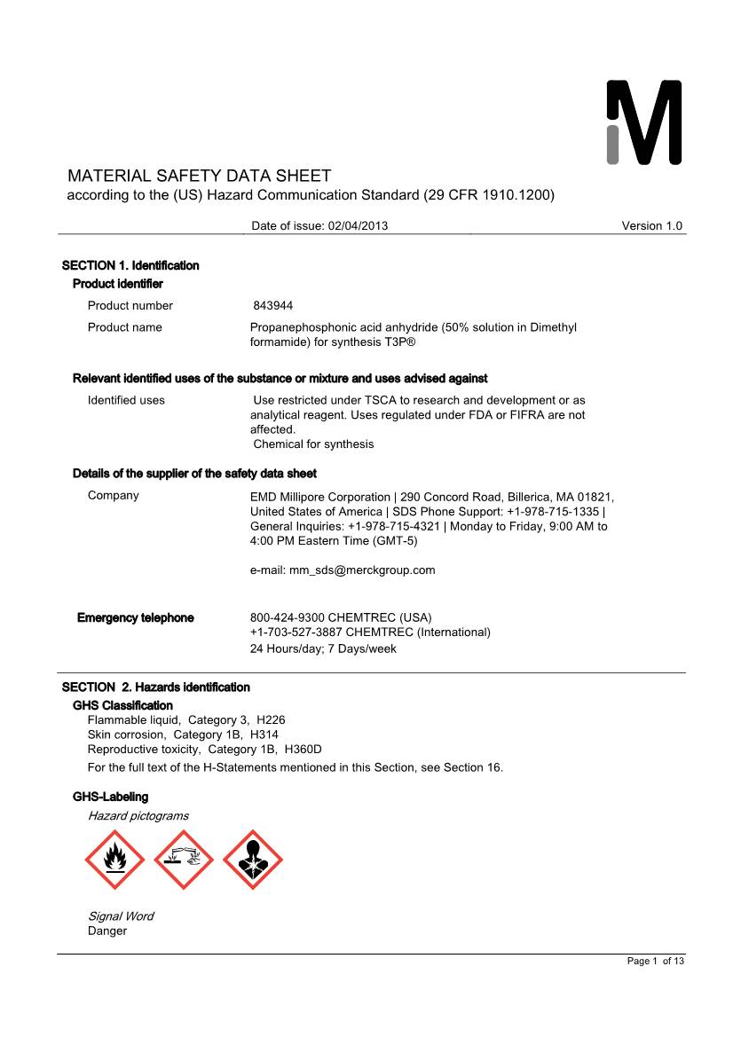 MATERIAL SAFETY DATA SHEET According to the (US) Hazard Communication Standard (29 CFR 1910.1200)