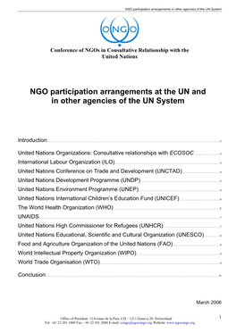 NGO Participation Arrangements at the UN and in Other Agencies of the UN System