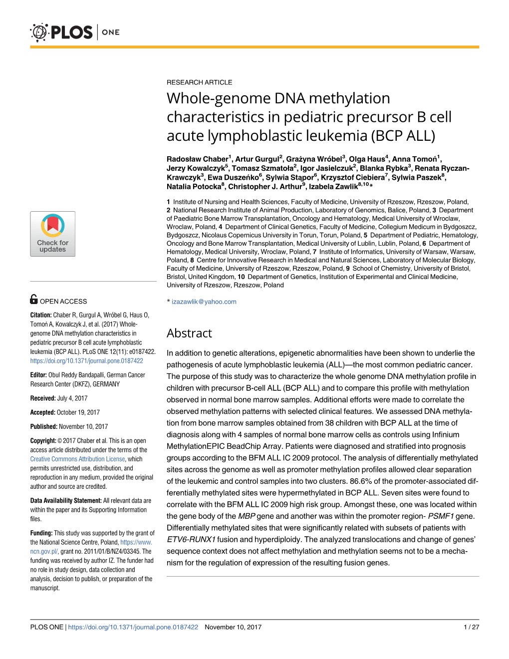 Whole-Genome DNA Methylation Characteristics In Pediatric Precursor B ...