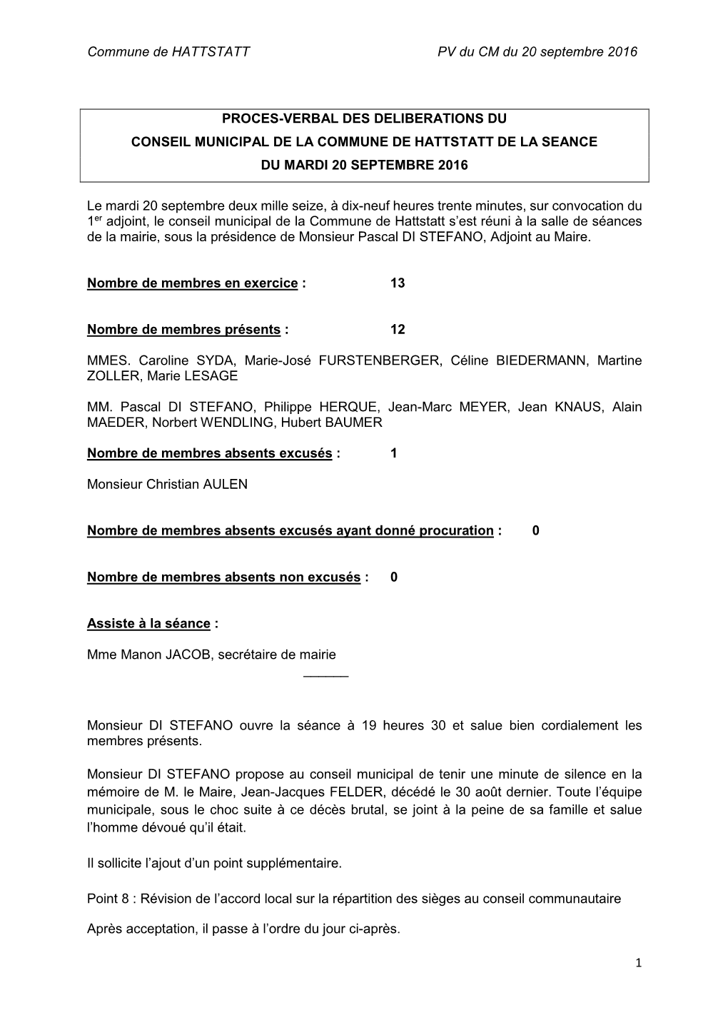 Commune De HATTSTATT PV Du CM Du 20 Septembre 2016