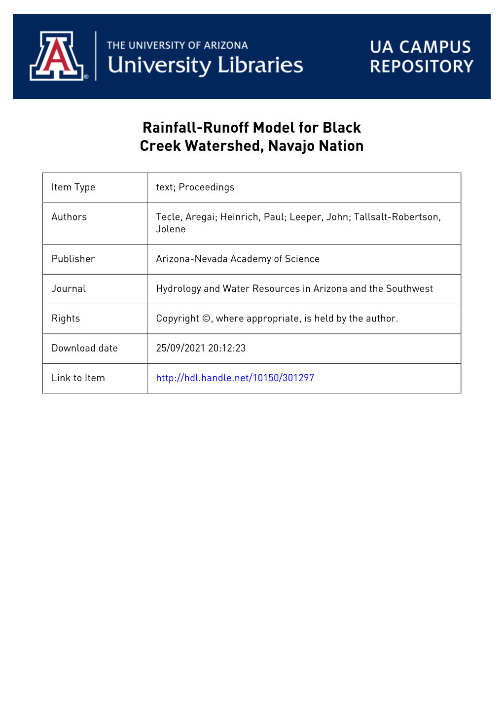 Rainfall-Runoff Model for Black Creek Watershed, Navajo Nation