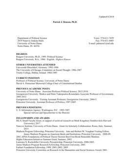 Updated 8/2018 Patrick J. Deneen, Ph.D. Department of Political Science 2019 Nanovic Jenkins Halls University of Notre Dame Notr