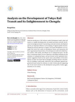 Analysis on the Development of Tokyo Rail Transit and Its Enlightenment to Chengdu