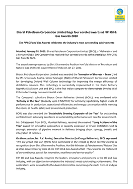 Bharat Petroleum Corporation Limited Bags Four Coveted Awards at FIPI Oil & Gas Awards 2020