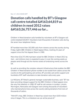 Donation Calls Handled by BT's Glasgow Call Centre