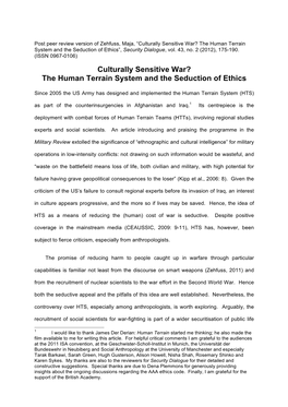 The Human Terrain System and the Seduction of Ethics”, Security Dialogue, Vol