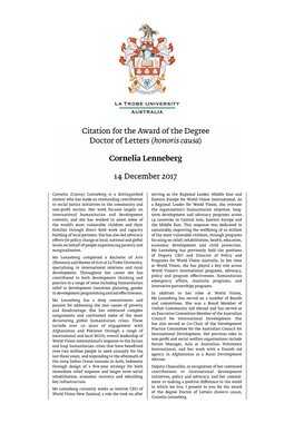 Citation for the Award of the Degree Doctor of Letters (Honoris Causa) Cornelia Lenneberg 14 December 2017