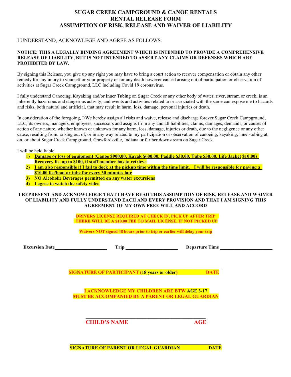 Sugar Creek Campground Canoe Rentals Rental Release Form Assumption   Sugar Creek Campground Canoe Rentals Rental Release Form Assumption Of Risk Release And Waiver Of Liability 