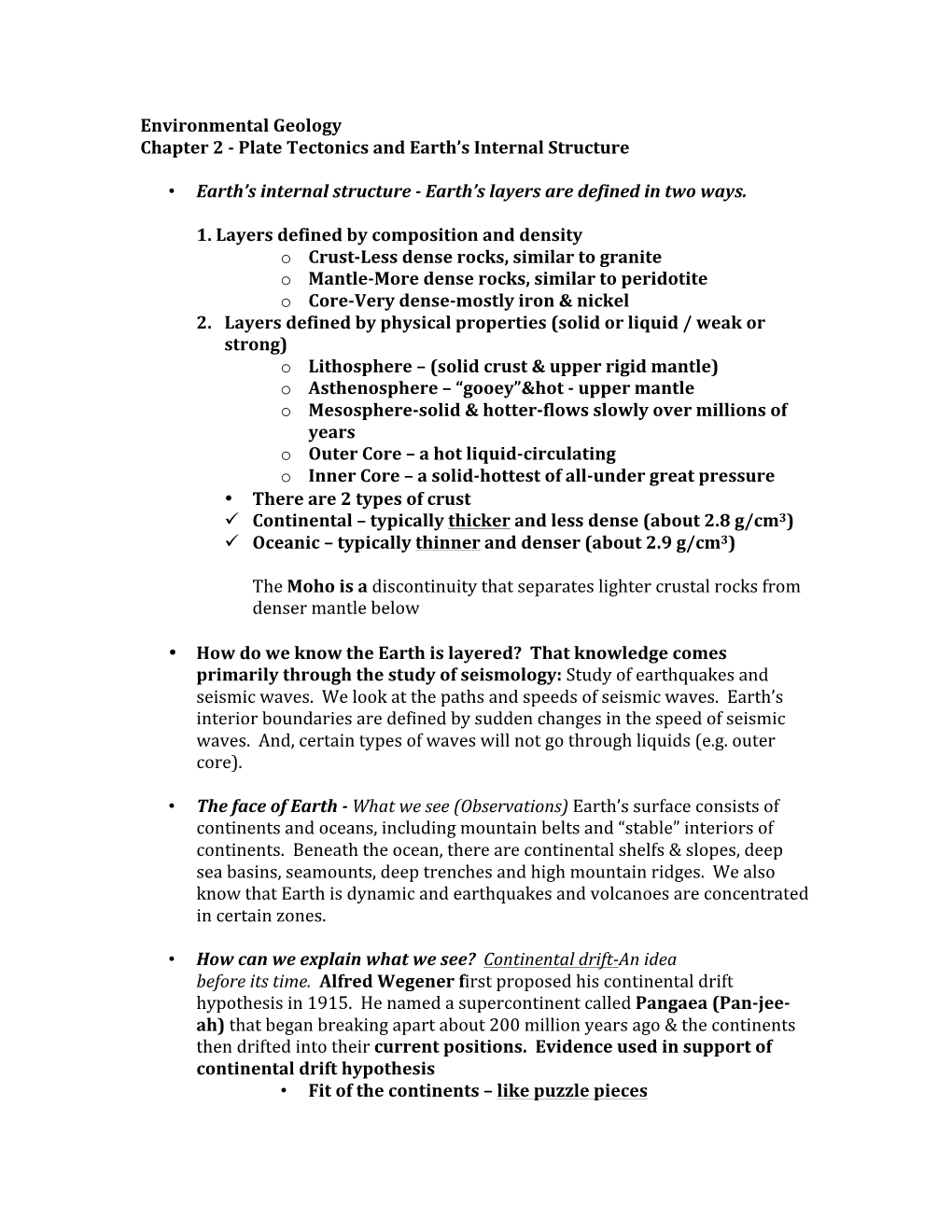 Environmental Geology Chapter 2 -‐ Plate Tectonics and Earth's Internal