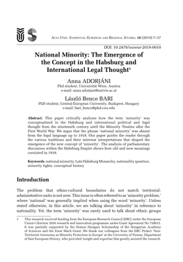 The Emergence of the Concept in the Habsburg and International Legal Thought1 Anna ADORJÁNI Phd Student, Universität Wien, Austria E-Mail: Anna Adorjani@Univie