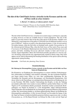 The Diet of the Citril Finch (Serinus Citrinella) in the Pyrenees and the Role of Pinus Seeds As a Key Resource A