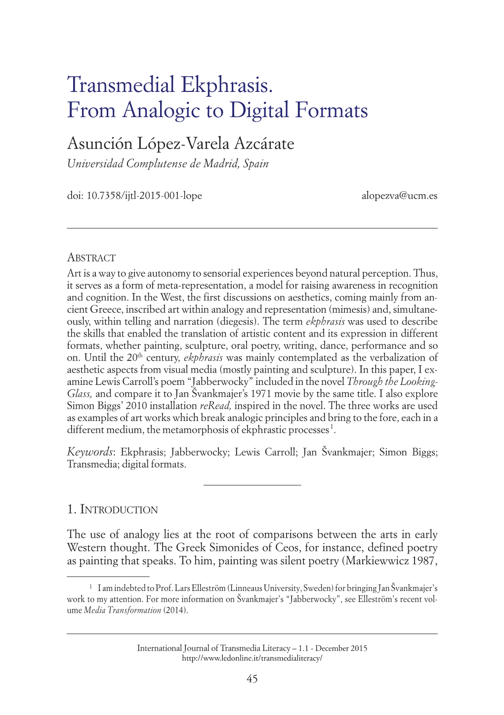 Transmedial Ekphrasis. from Analogic to Digital Formats