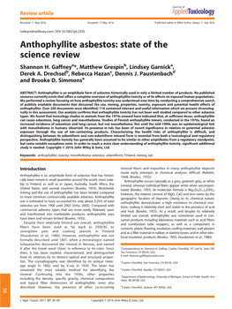 Anthophyllite Asbestos: State of the Science Review Shannon H