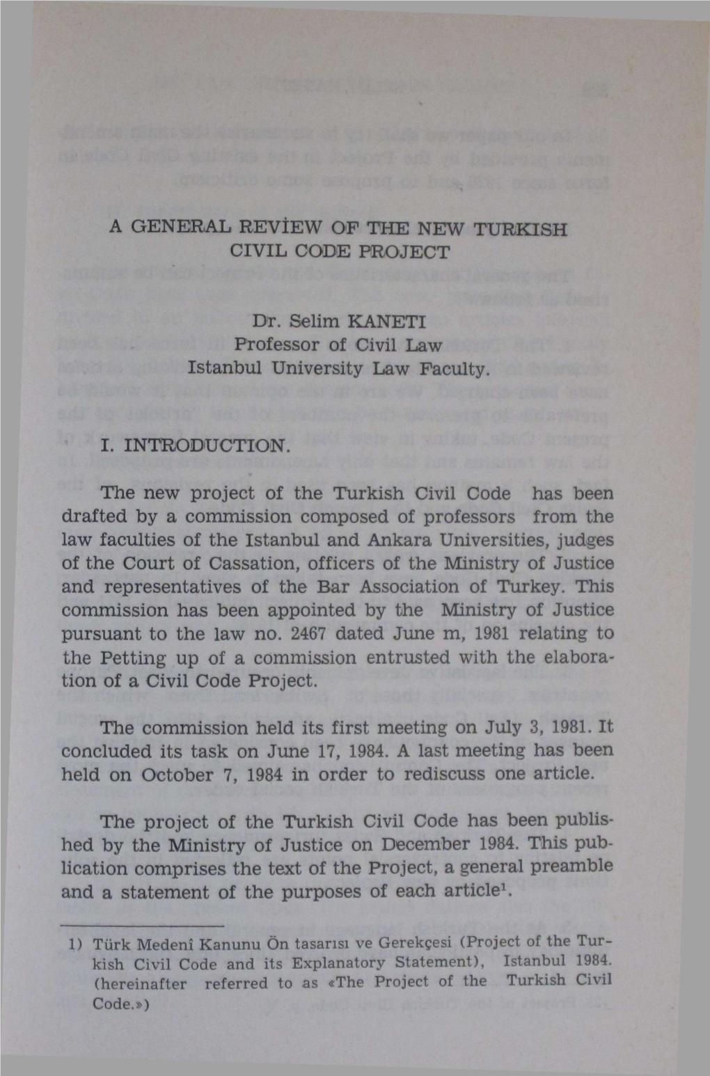 A General Review of the New Turkish Civil Code Project