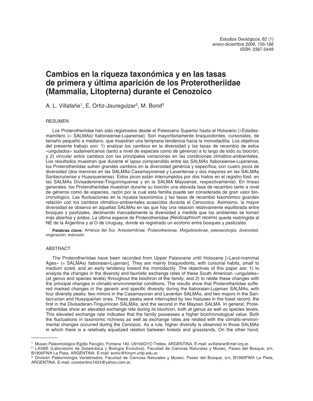 Cambios En La Riqueza Taxonómica Y En Las Tasas De Primera Y Última Aparición De Los Proterotheriidae (Mammalia, Litopterna) Durante El Cenozoico