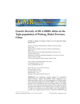 Genetic Diversity of HLA-DRB1 Alleles in the Tujia Population of Wufeng, Hubei Province, China