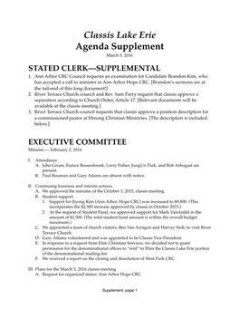 Classis Lake Erie Agenda Supplement March 5, 2016 STATED CLERK—SUPPLEMENTAL 1