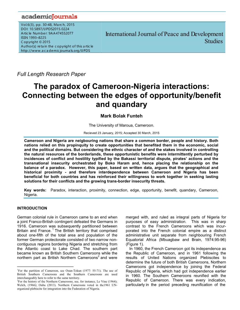 The Paradox of Cameroon-Nigeria Interactions: Connecting Between the Edges of Opportunity/Benefit and Quandary