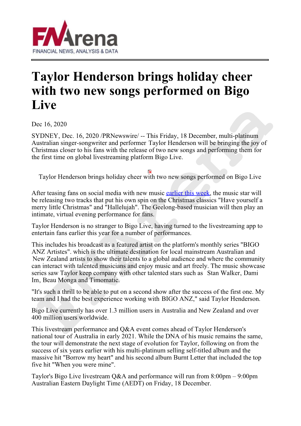 Taylor Henderson Brings Holiday Cheer with Two New Songs Performed on Bigo Live