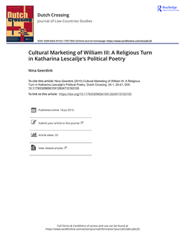 Cultural Marketing of William III: a Religious Turn in Katharina Lescailje's Political Poetry