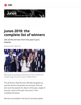 Junos 2018- the Complete List of Winners | CBC Music
