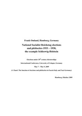 National Socialist Reichstag Elections and Plebiscites 1933-1938, The