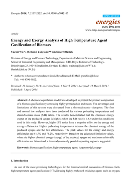 Energy and Exergy Analysis of High Temperature Agent Gasification of Biomass