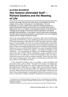 Has Science Eliminated God? – Richard Dawkins and the Meaning of Life1