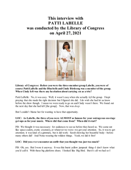 Interview with PATTI LABELLE Was Conducted by the Library of Congress on April 27, 2021