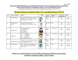 Details of Selected Students Under Free Coaching Scheme 2015-16