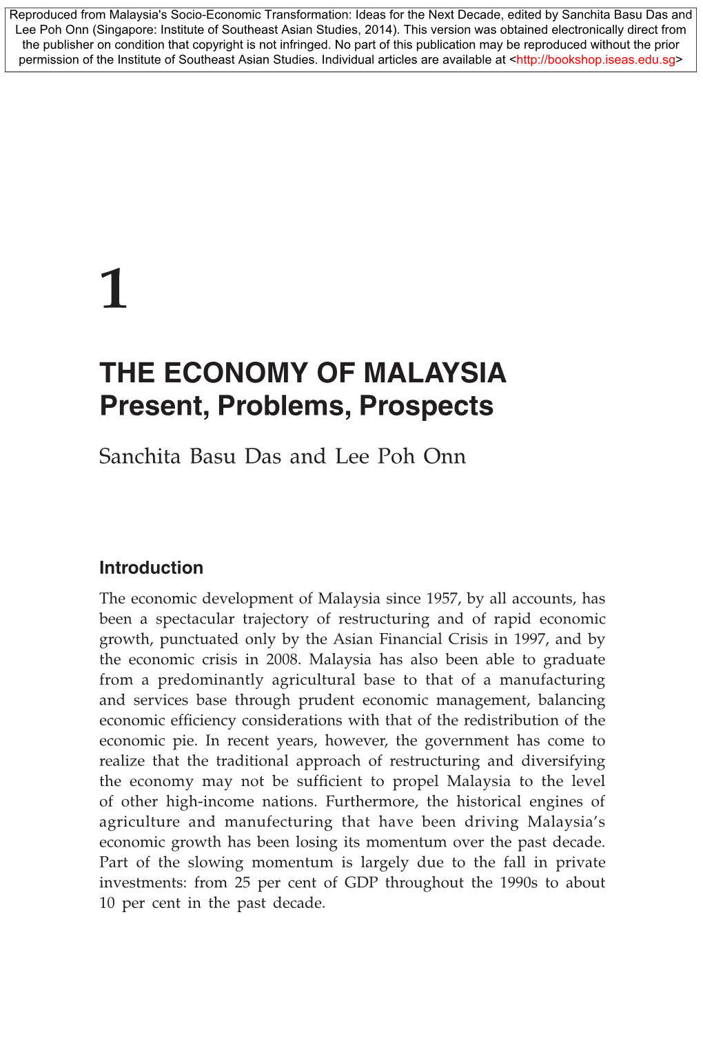 The Economy of Malaysia Present, Problems, Prospects