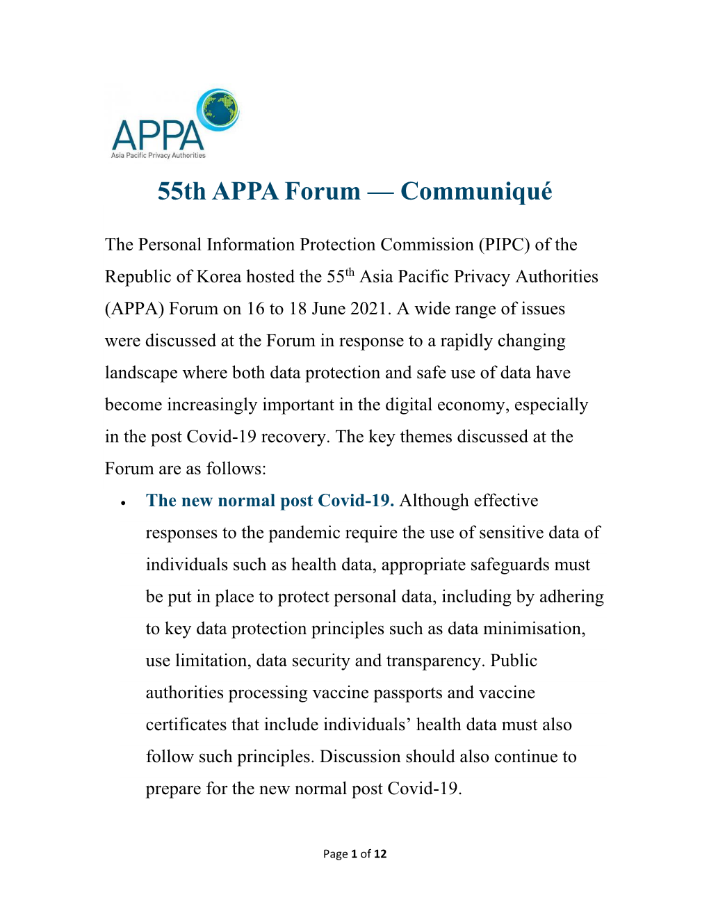 55Th APPA Forum — Communiqué